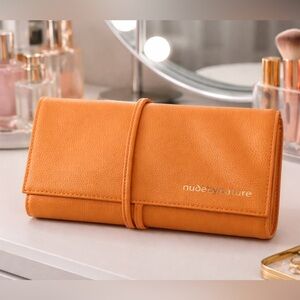 Nude by Nature Tan Leather Brush Roll. Like New. Makeup. Case, bag, yellow